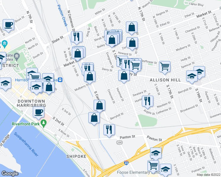 map of restaurants, bars, coffee shops, grocery stores, and more near 255 Crescent Street in Harrisburg