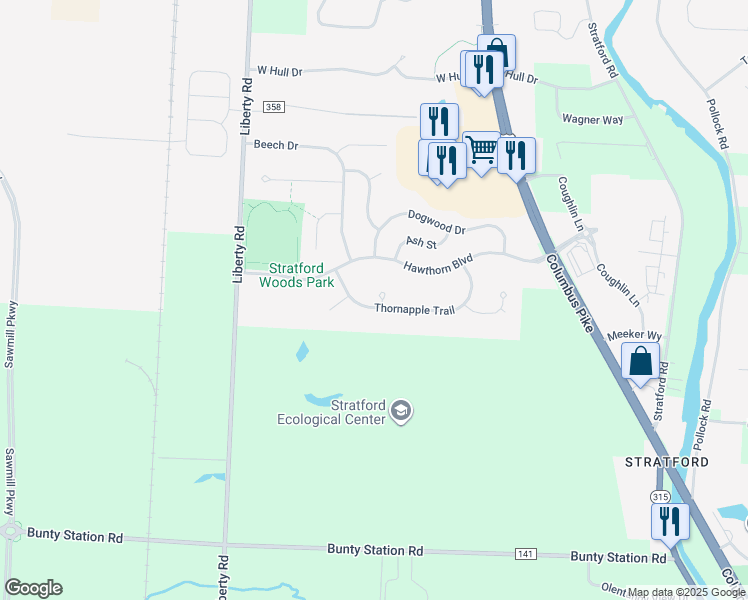 map of restaurants, bars, coffee shops, grocery stores, and more near 230 Thornapple Trail in Delaware