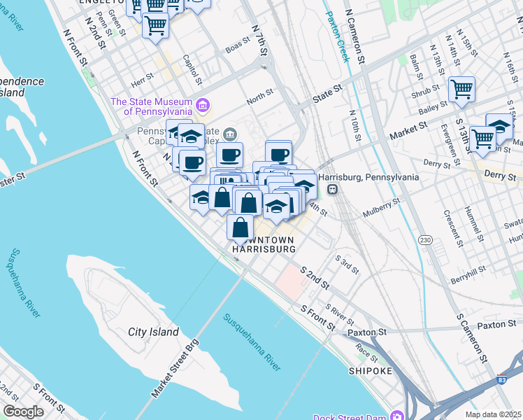 map of restaurants, bars, coffee shops, grocery stores, and more near 150 Strawberry Street in Harrisburg