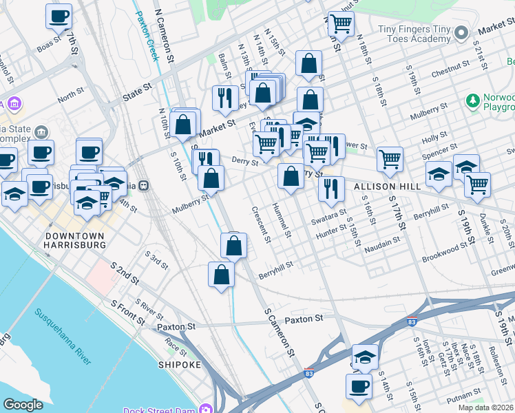 map of restaurants, bars, coffee shops, grocery stores, and more near 243 Crescent Street in Harrisburg