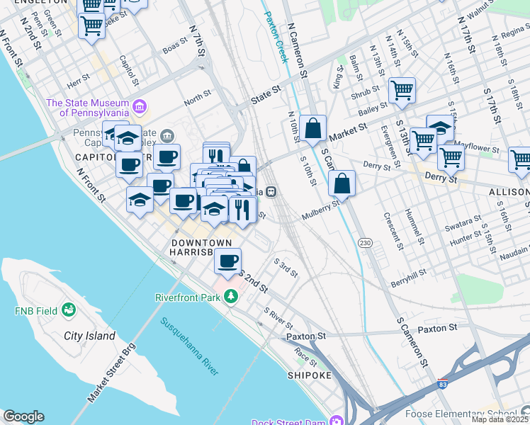 map of restaurants, bars, coffee shops, grocery stores, and more near 31 South 4th Street in Harrisburg