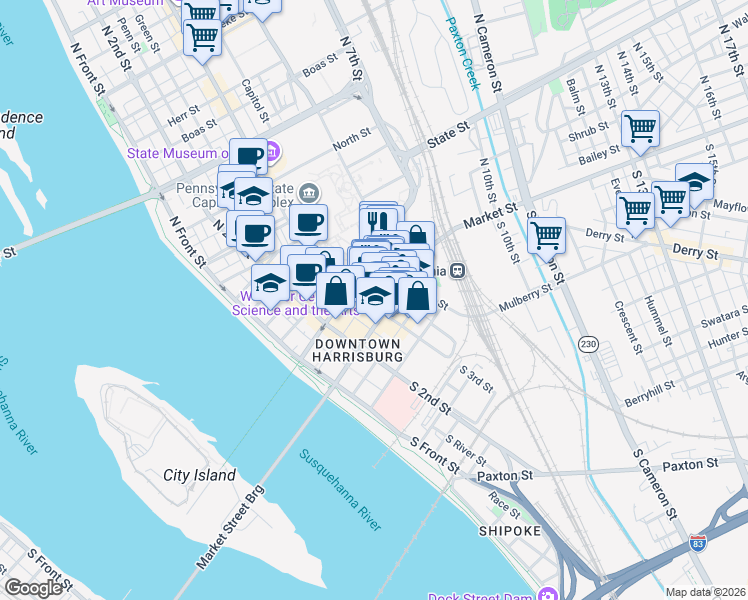 map of restaurants, bars, coffee shops, grocery stores, and more near 11 North 3rd Street in Harrisburg
