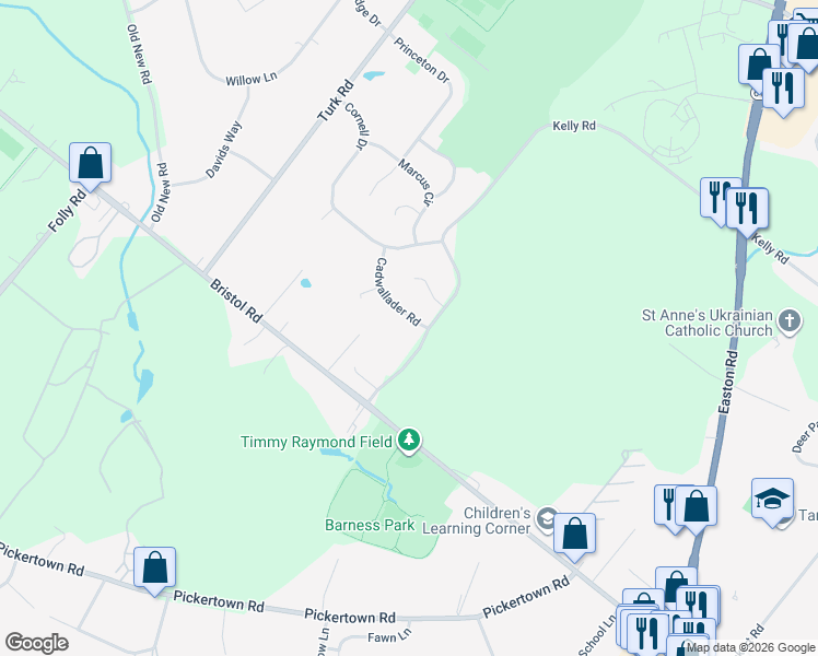 map of restaurants, bars, coffee shops, grocery stores, and more near 203 Cadwallader Road in Warrington