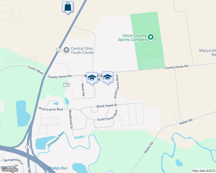 map of restaurants, bars, coffee shops, grocery stores, and more near 16265 County Highway 132 in Marysville