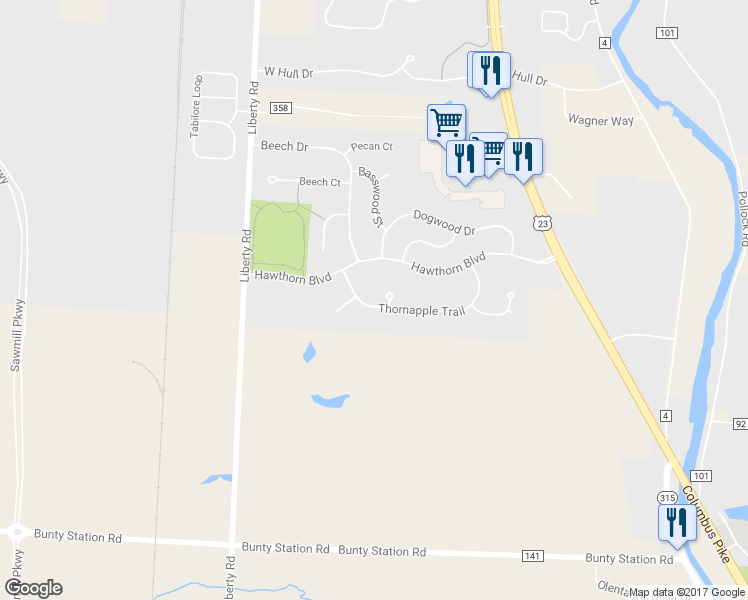 map of restaurants, bars, coffee shops, grocery stores, and more near 230 Thornapple Trail in Delaware