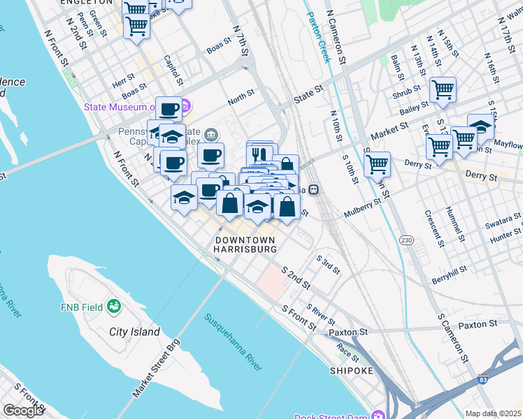 map of restaurants, bars, coffee shops, grocery stores, and more near 304 Market Street in Harrisburg