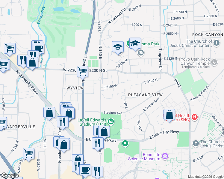map of restaurants, bars, coffee shops, grocery stores, and more near 2091 North 220 East Street in Provo