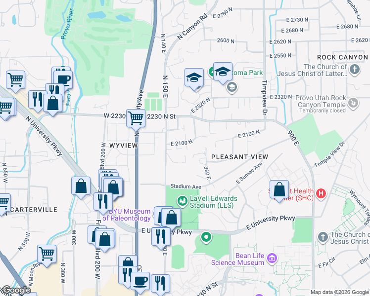 map of restaurants, bars, coffee shops, grocery stores, and more near 224 East 2100 North in Provo