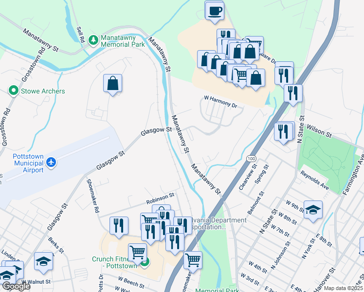 map of restaurants, bars, coffee shops, grocery stores, and more near 613 Manatawny Street in Pottstown