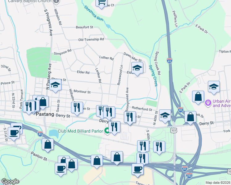 map of restaurants, bars, coffee shops, grocery stores, and more near 311 Luther Road in Harrisburg