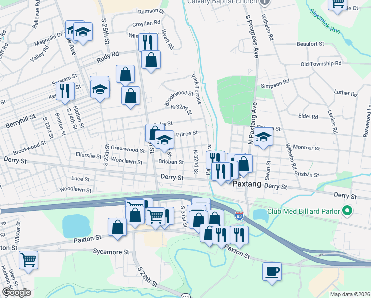 map of restaurants, bars, coffee shops, grocery stores, and more near 201 North 31st Street in Harrisburg