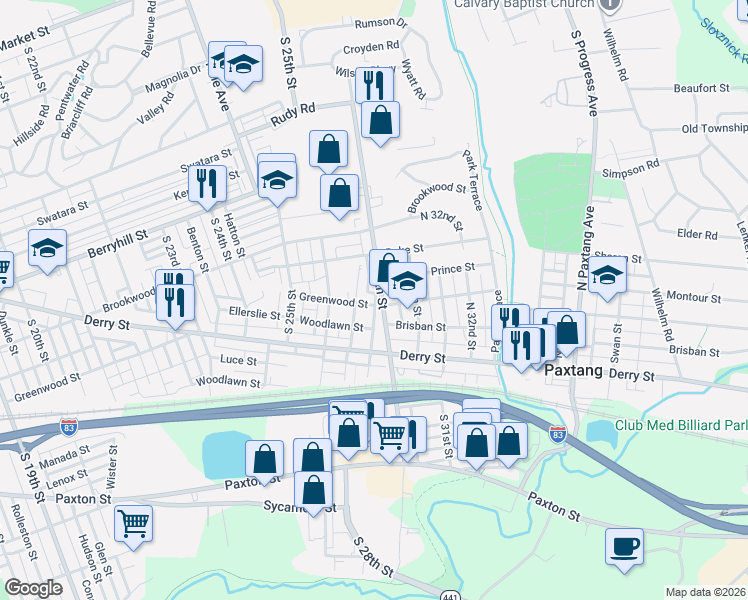 map of restaurants, bars, coffee shops, grocery stores, and more near 2714 Greenwood Street in Harrisburg