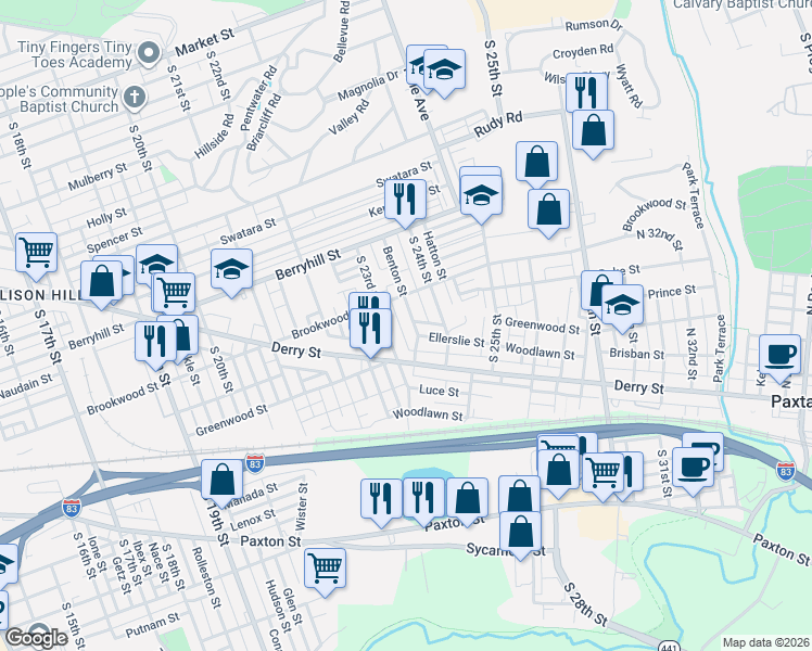 map of restaurants, bars, coffee shops, grocery stores, and more near 625 South 23rd Street in Harrisburg