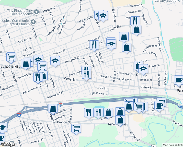 map of restaurants, bars, coffee shops, grocery stores, and more near 625 South 23rd Street in Harrisburg