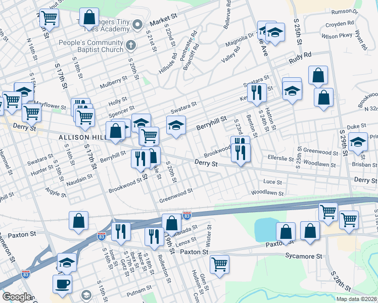 map of restaurants, bars, coffee shops, grocery stores, and more near 2026 Derry Street in Harrisburg