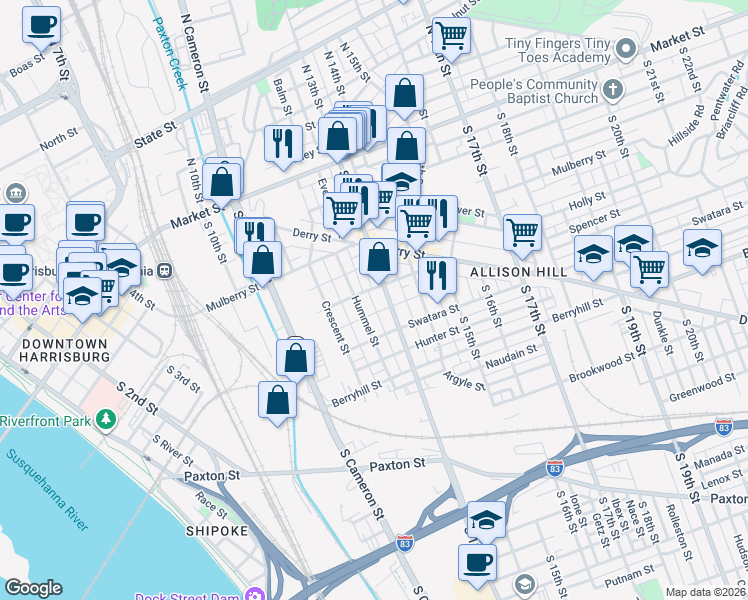 map of restaurants, bars, coffee shops, grocery stores, and more near 1241 Kittatinny Street in Harrisburg
