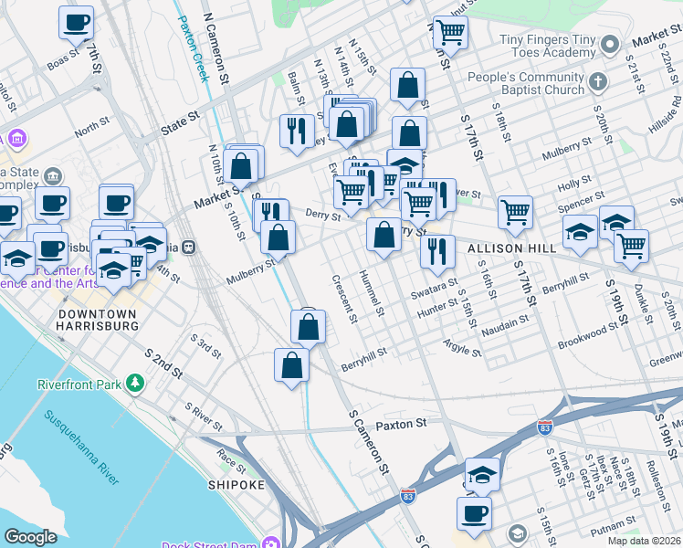 map of restaurants, bars, coffee shops, grocery stores, and more near 243 Crescent Street in Harrisburg
