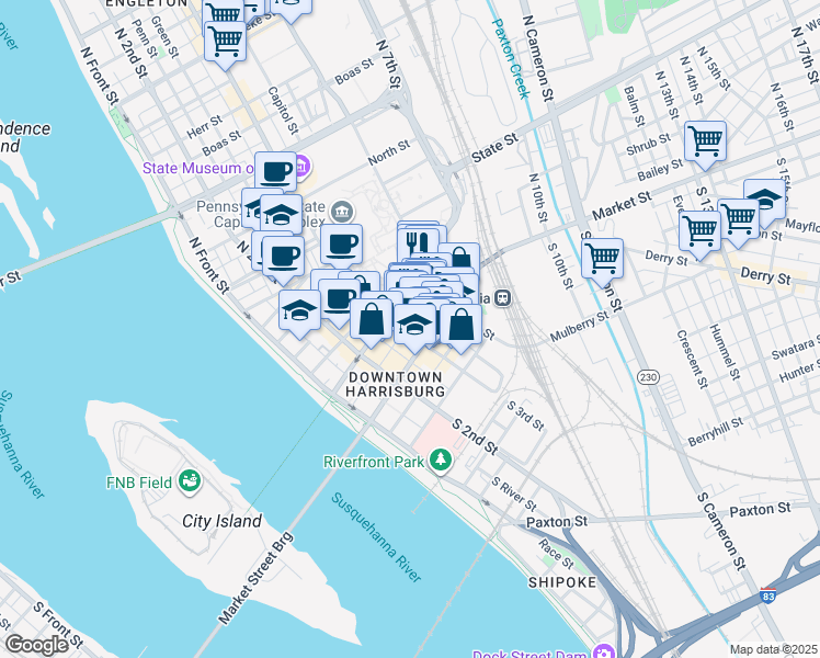 map of restaurants, bars, coffee shops, grocery stores, and more near 304 Market Street in Harrisburg