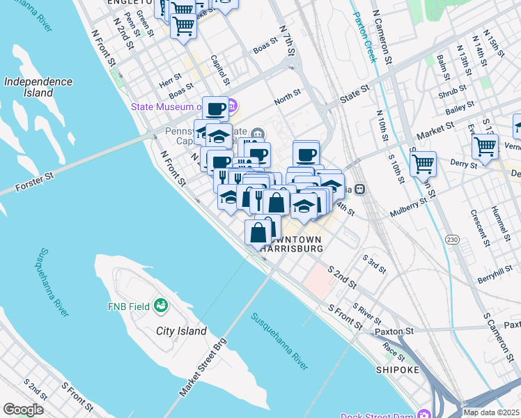 map of restaurants, bars, coffee shops, grocery stores, and more near 211 North 2nd Street in Harrisburg