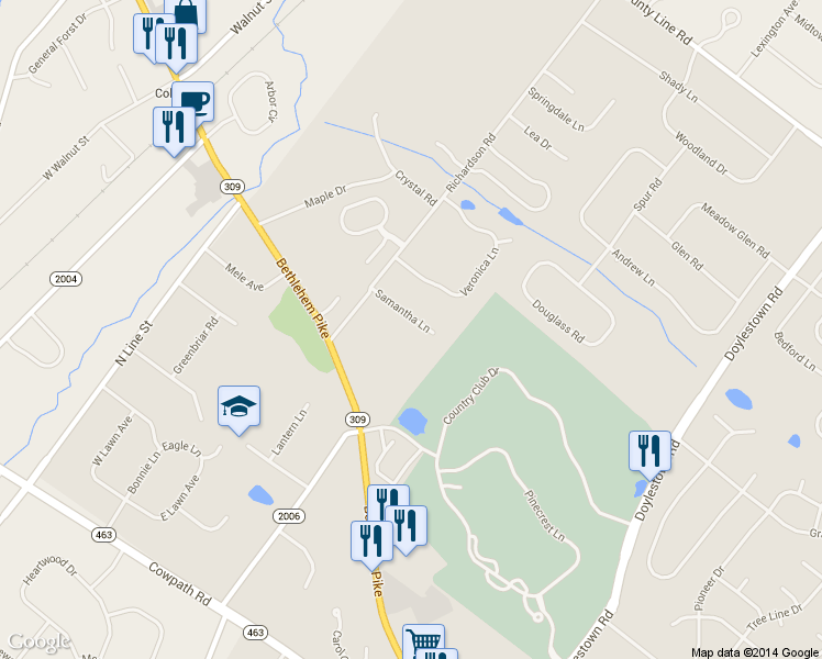 map of restaurants, bars, coffee shops, grocery stores, and more near 106 Samantha Lane in Lansdale
