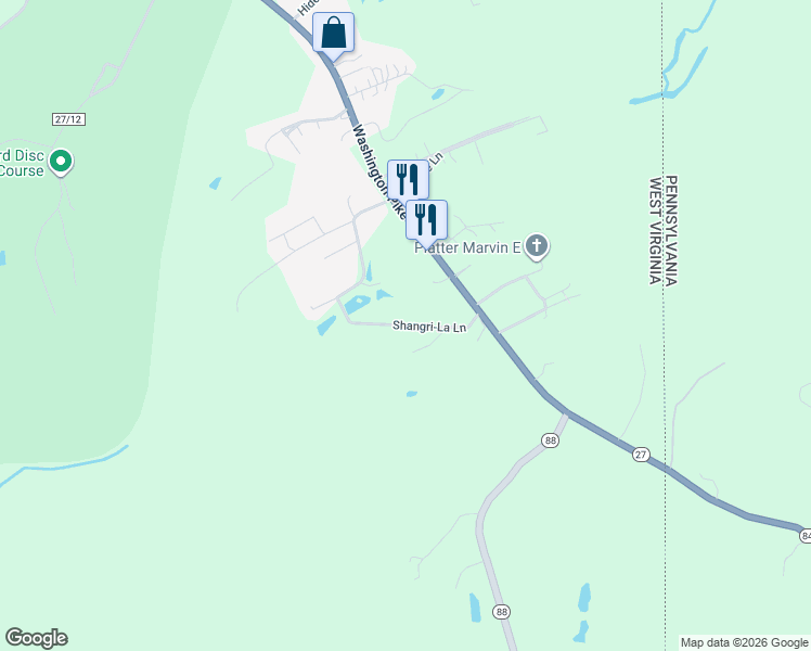 map of restaurants, bars, coffee shops, grocery stores, and more near Shangri-La Lane in Brooke County