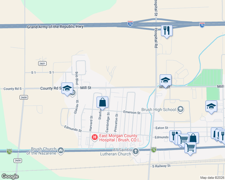 map of restaurants, bars, coffee shops, grocery stores, and more near 439 Cambridge Street in Brush