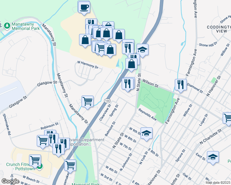 map of restaurants, bars, coffee shops, grocery stores, and more near 217 Reynolds Avenue in Pottstown