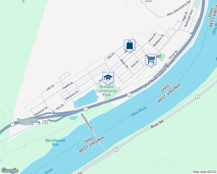 map of restaurants, bars, coffee shops, grocery stores, and more near 1004 3rd Street in Brilliant