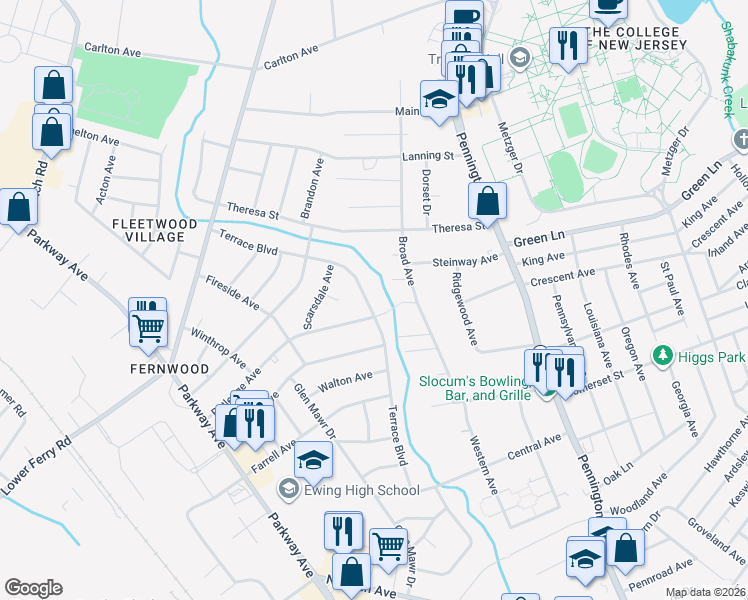 map of restaurants, bars, coffee shops, grocery stores, and more near 1004 Terrace Boulevard in Ewing Township