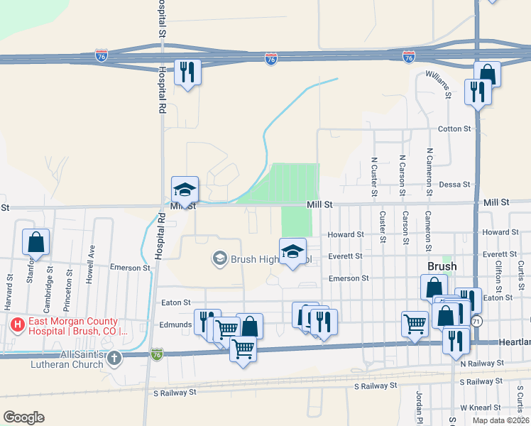 map of restaurants, bars, coffee shops, grocery stores, and more near 1226 Mill Street in Brush