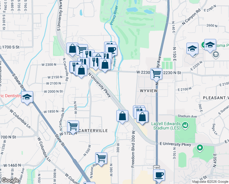 map of restaurants, bars, coffee shops, grocery stores, and more near Provo River Pkwy in Provo