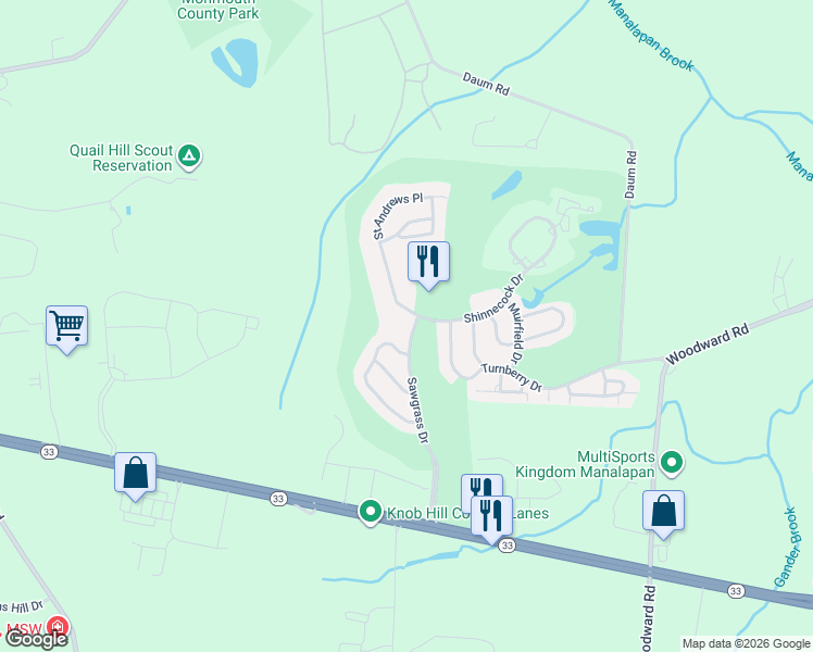 map of restaurants, bars, coffee shops, grocery stores, and more near 697 Saint Andrews Place in Manalapan Township