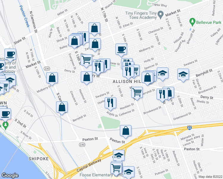 map of restaurants, bars, coffee shops, grocery stores, and more near 351 South 15th Street in Harrisburg