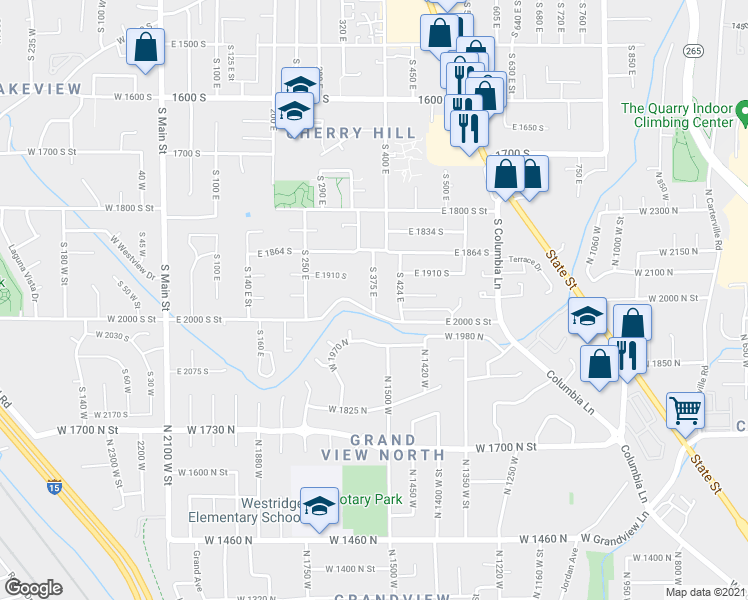 map of restaurants, bars, coffee shops, grocery stores, and more near 1965 South 375 East in Orem