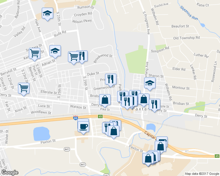 map of restaurants, bars, coffee shops, grocery stores, and more near 130 North 32nd Street in Harrisburg