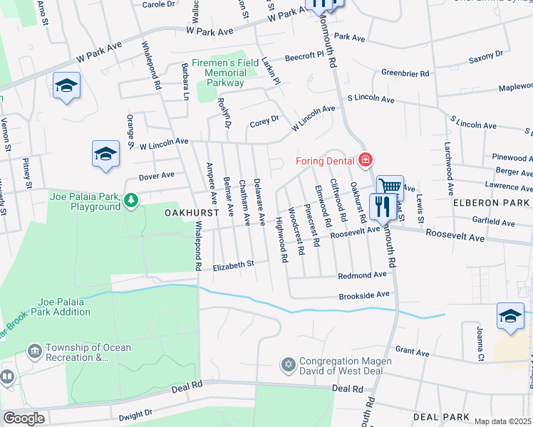 map of restaurants, bars, coffee shops, grocery stores, and more near 197 Delaware Avenue in Ocean Township