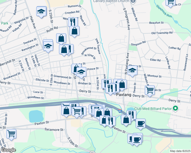 map of restaurants, bars, coffee shops, grocery stores, and more near 130 North 32nd Street in Harrisburg