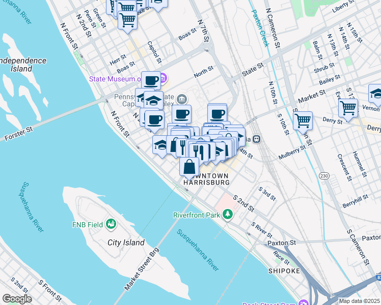 map of restaurants, bars, coffee shops, grocery stores, and more near 213 Locust Street in Harrisburg