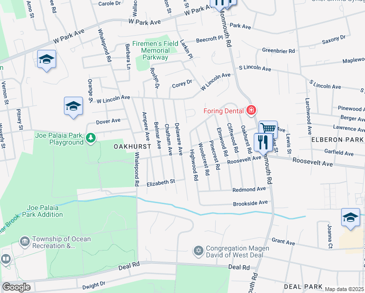 map of restaurants, bars, coffee shops, grocery stores, and more near 197 Delaware Avenue in Ocean Township