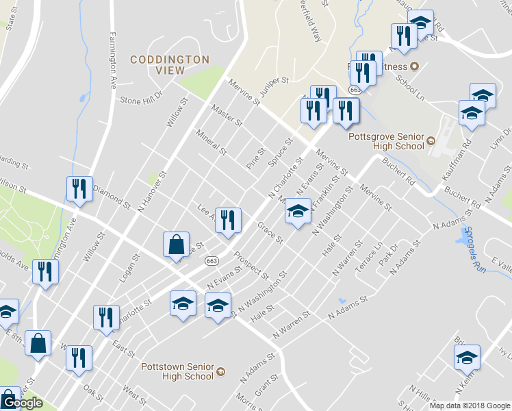 map of restaurants, bars, coffee shops, grocery stores, and more near 981 North Charlotte Street in Pottstown