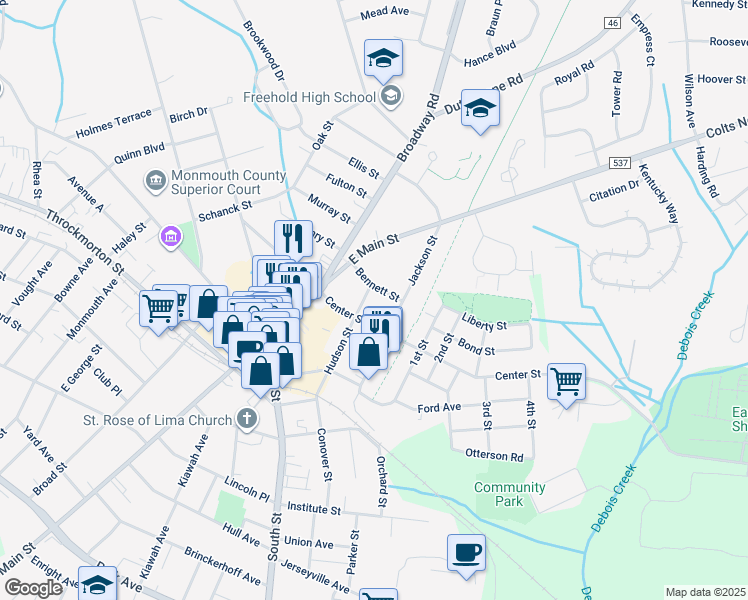 map of restaurants, bars, coffee shops, grocery stores, and more near 62 Hudson Street in Freehold