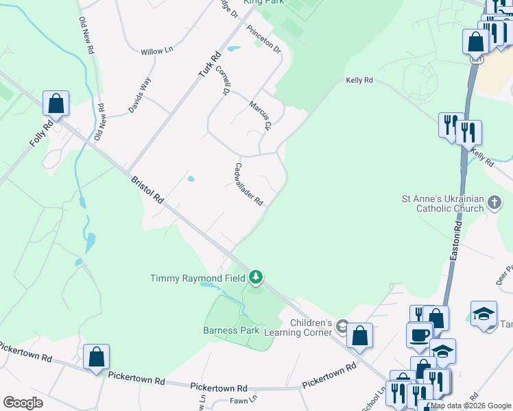 map of restaurants, bars, coffee shops, grocery stores, and more near 203 Cadwallader Road in Warrington