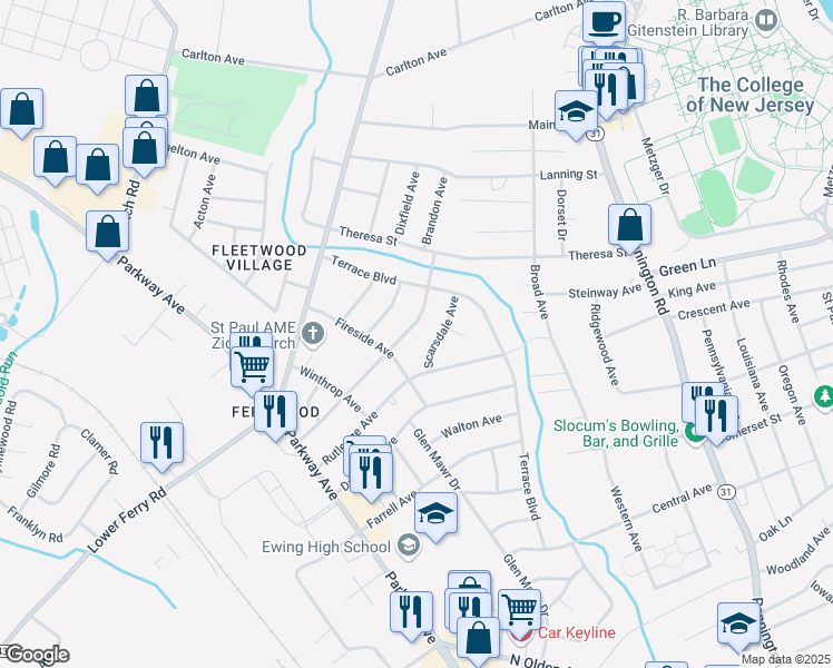 map of restaurants, bars, coffee shops, grocery stores, and more near 110 Stratford Avenue in Trenton
