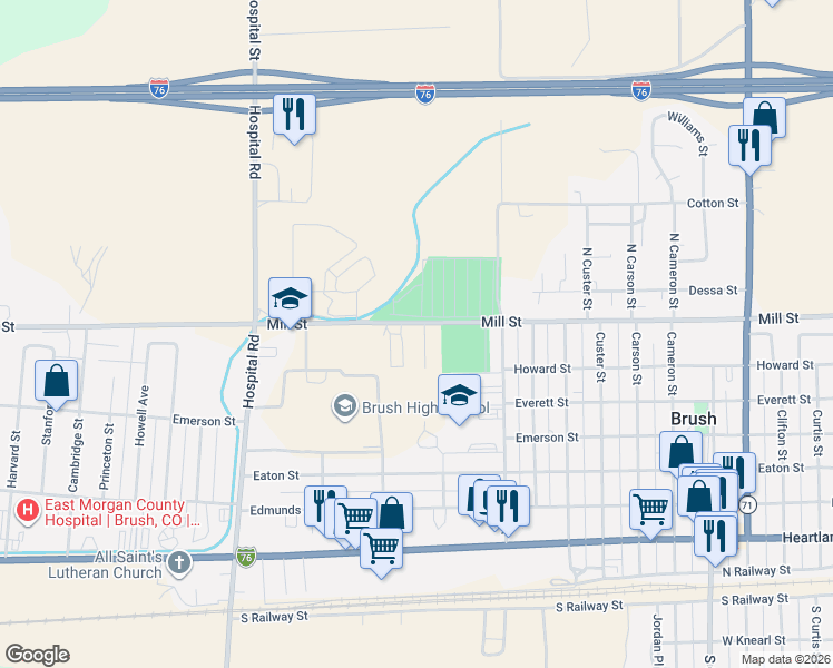 map of restaurants, bars, coffee shops, grocery stores, and more near 1226 Mill Street in Brush