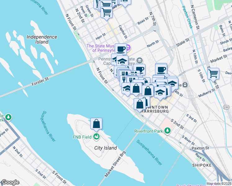 map of restaurants, bars, coffee shops, grocery stores, and more near 326 North Front Street in Harrisburg