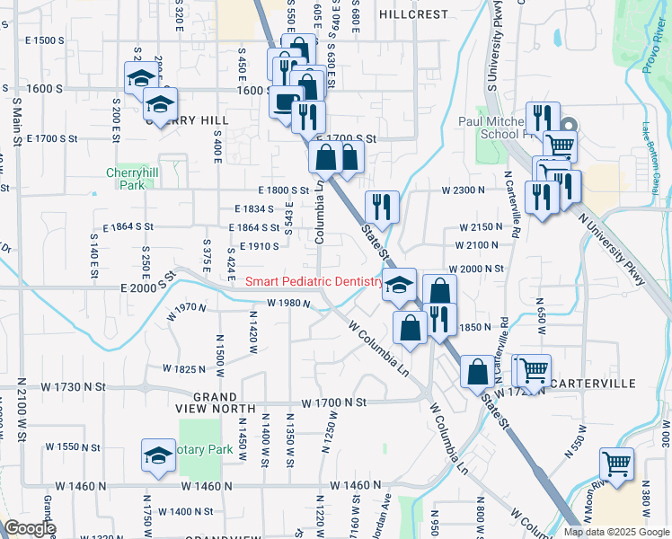 map of restaurants, bars, coffee shops, grocery stores, and more near 1947 South Columbia Lane in Orem