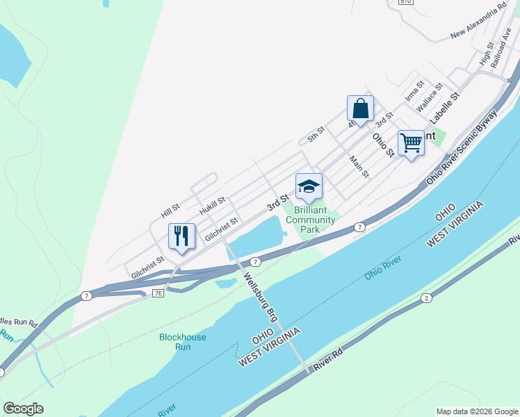 map of restaurants, bars, coffee shops, grocery stores, and more near 1103 3rd Street in Brilliant