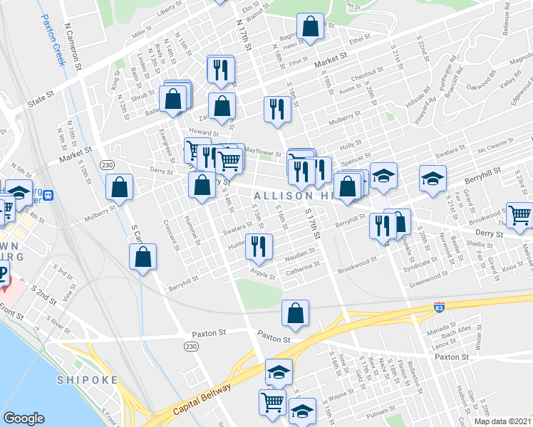 map of restaurants, bars, coffee shops, grocery stores, and more near 1514 Swatara Street in Harrisburg