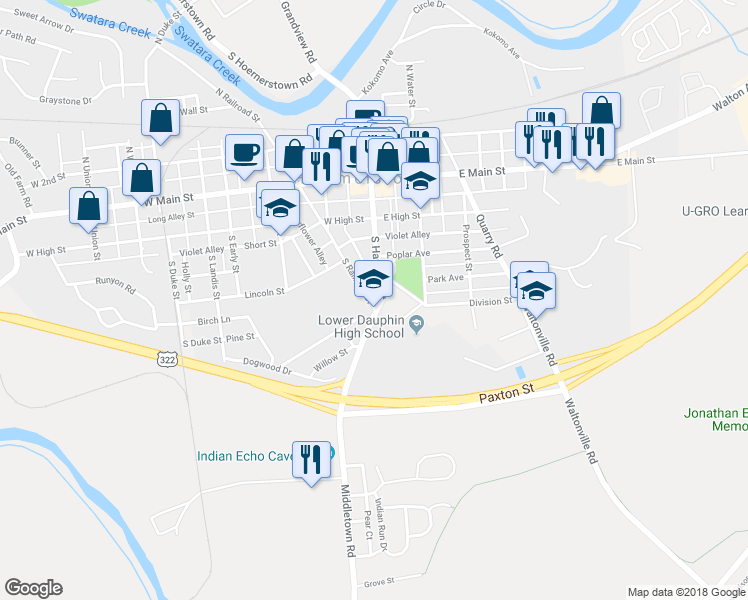 map of restaurants, bars, coffee shops, grocery stores, and more near 201 South Railroad Street in Hummelstown