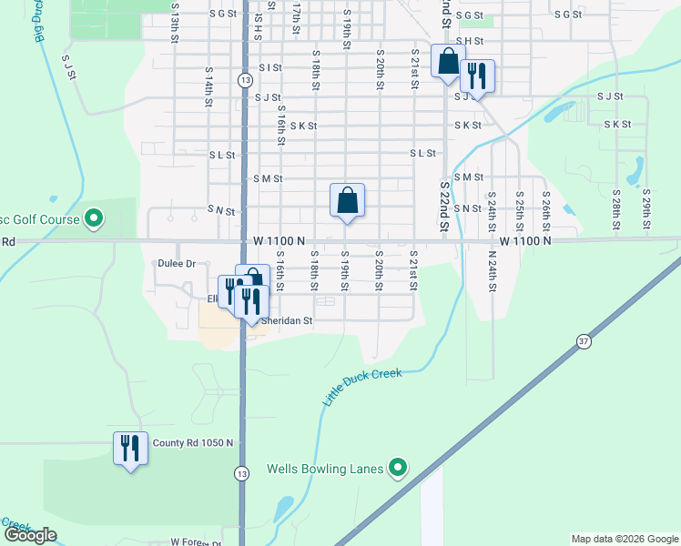 map of restaurants, bars, coffee shops, grocery stores, and more near 1835 South Q Street in Elwood